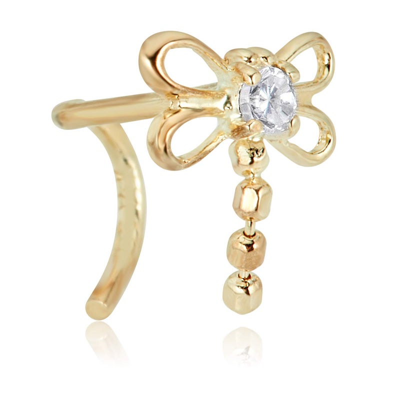AVORA 14K Yellow Gold Dragonfly Butterfly Simulated Diamond CZ Curved Twisted Screw Nose Ring (20 Gauge) - Image 1